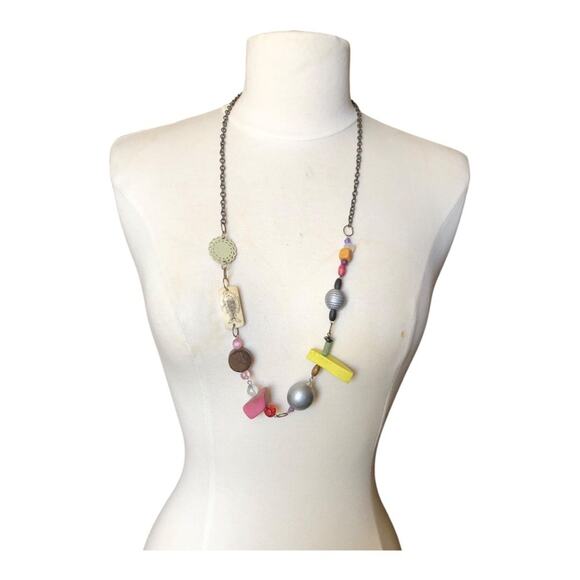No Brand Jewelry - Vintage 1980’s Bohemian Multi Colors Shapes Materials Beaded Statement Necklace